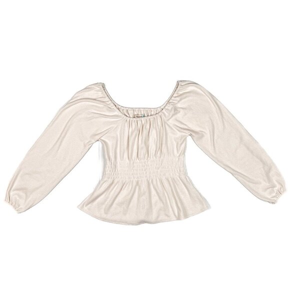 Madewell Cream Peplum Smocked Blouse Scoop Neckline PulloverTop Size XS - Picture 4 of 7